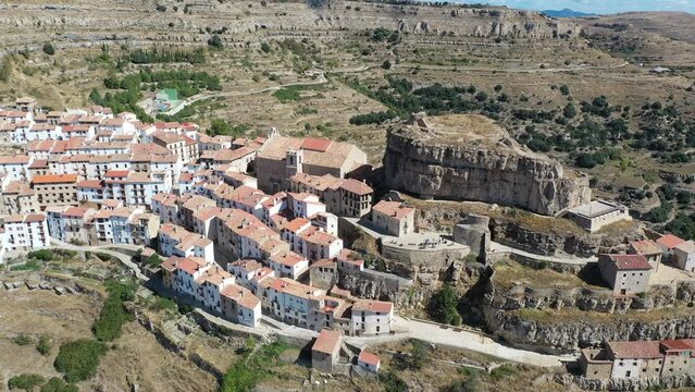 Aerial view of Spanish municipality of Ares del Maestre located on slopes of Mola d Ares mountain in province of Castellon 