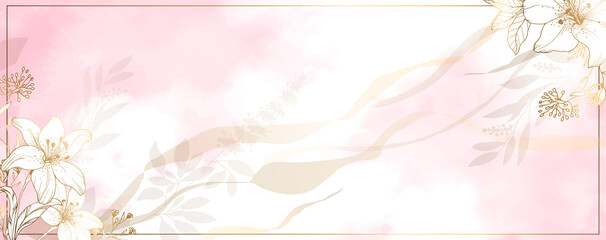 Luxurious golden wallpaper. Banner with lilies flowers. Watercolor pink, lilac spots on a white background. Brilliant flowers and twigs. vector file.