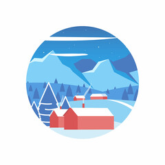 Winter village landscape and mountains. View of Small Country House in Circle Shape. Cartoon and flat style.  Merry Christmas. Art style circle of scenery for social media story highlight. Vector