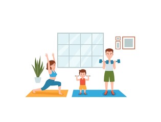 Mother, father and child doing sport exercises flat vector illustration isolated.