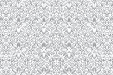 Fototapeta premium Embossed ethnic white kaleidoscope background, futuristic cover design. Geometric elegant minimalistic 3D pattern. National flavor of the peoples of the East, Asia, India, Mexico, Aztecs.