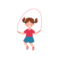 Child girl cartoon character jumping rope, flat vector illustration isolated.