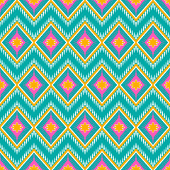 Yellow, Pink, White on Green Teal. Geometric ethnic oriental pattern traditional Design for background,carpet,wallpaper,clothing,wrapping,Batik,fabric, illustration embroidery style