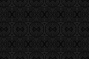 Embossed ethnic black kaleidoscope background, futuristic cover design. Geometric exotic ornamental 3D pattern. National flavor of the peoples of the East, Asia, India, Mexico, Aztecs.
