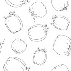 Obraz premium Hand Drawn Black Doodle Different Varieties of Pumpkins with Leaves Seamless Pattern Isolated on White Background. Vector illustration of elegant pumpkins for fabric, cover, textile, kitchen supply.