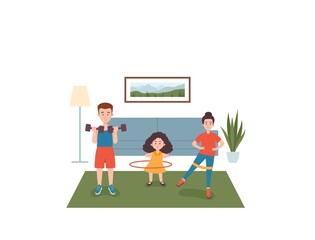 Mother, father and daughter exercising at home, vector illustration isolated.