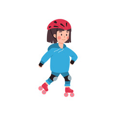 Girl wearing helmet rolling on roller blades, flat vector illustration isolated.