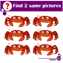 Children educational game. Find two same pictures of cute crab