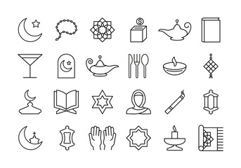 A set of Islamic Ramadan icons. The collection is isolated on white background. Vector illustration.