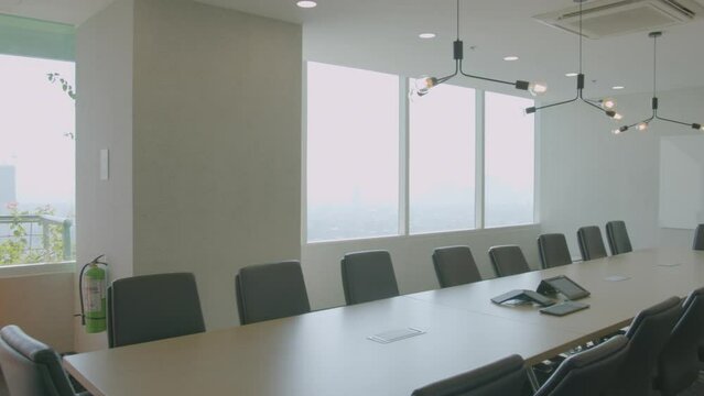 Panning Shot Of A Well Lit Modern Conference Room