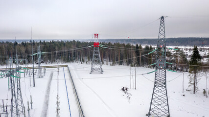 Energy. High voltage wires. Power lines. Electricity. View from above. Electrics. Electric station. Electrical substation.