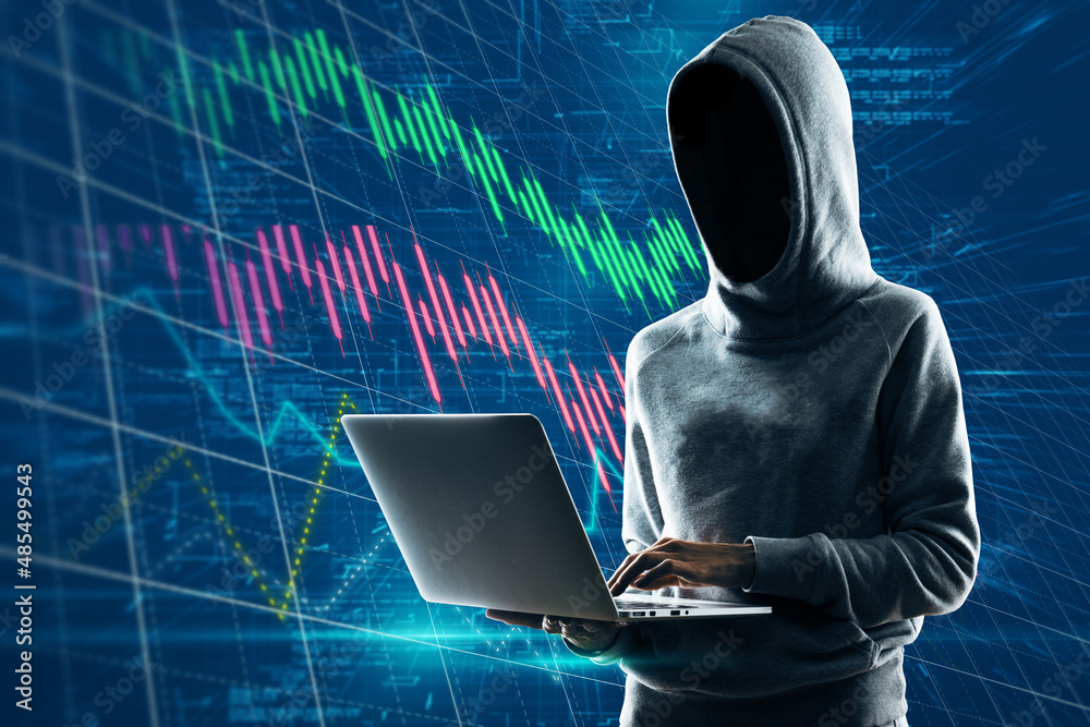Poster Hacker using laptop on abstract grid background with forex candlestick chart. Hacking, malware, data and trade concept.