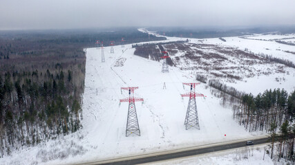 Energy. High voltage wires. Power lines. Electricity. View from above. Electrics. Electric station....