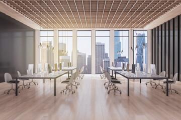 Modern wooden coworking office interior with window and city view, equipment and furniture. Workplace concept. 3D Rendering.