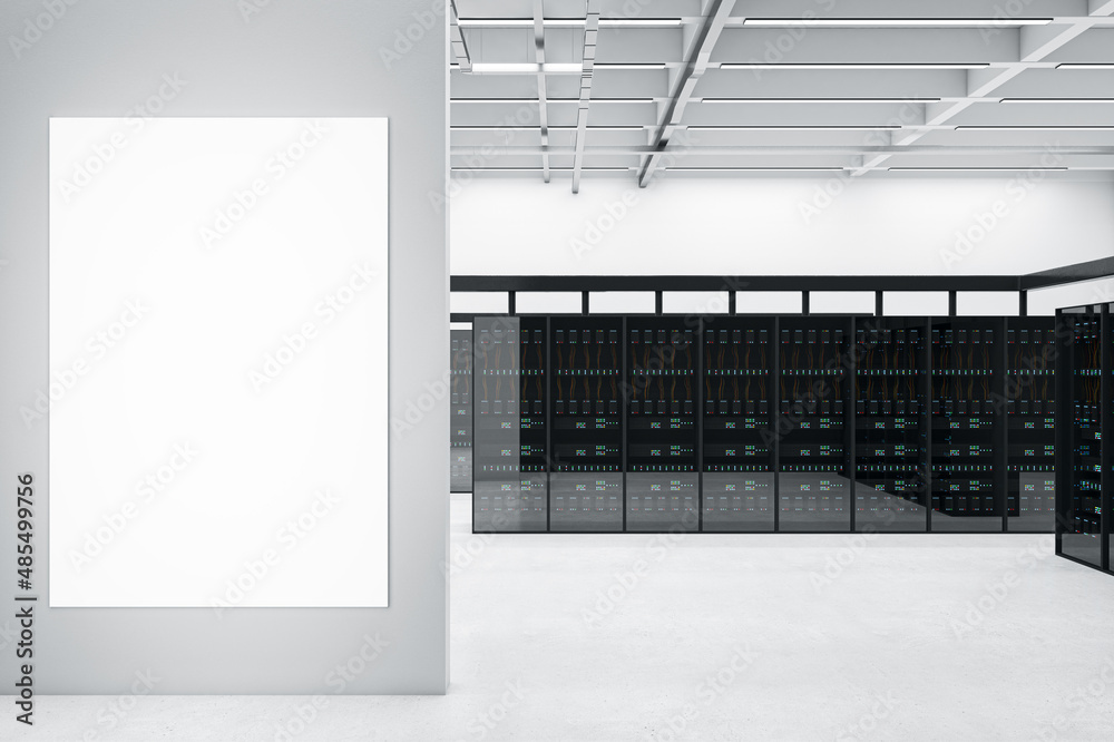 Poster modern server room interior with blank white mock up poster on concrete wall. datacenter, security a