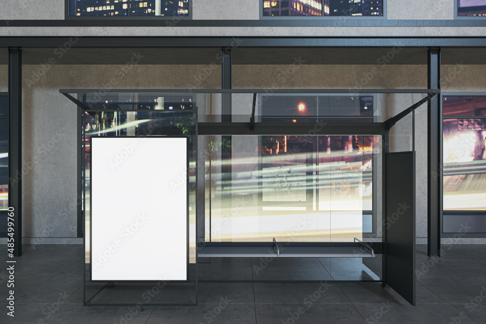 Poster modern glass bus stop with empty white mock up poster and city reflections and daylight. transport a