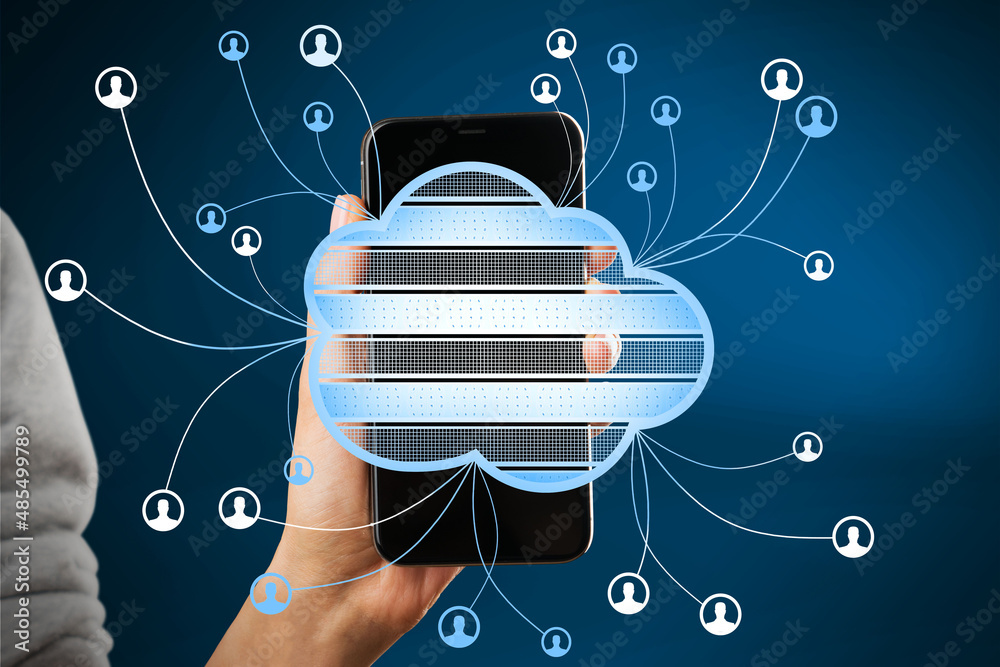 Poster Close up of hand holding smartphone with abstract cloud computing hologram on blurry blue background. Technology, database, communication and connection concept. Double exposure.