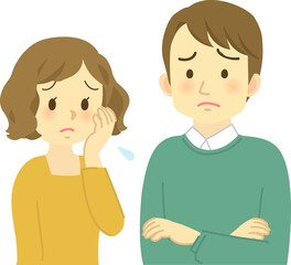 イラスト素材:若夫婦が向かい合って困った表情で思い悩む場面　 腕組みした姿（明るい髪色の男女）
