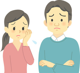 Obraz premium イラスト素材:若夫婦が向かい合って困った表情で思い悩む場面 腕組みした姿（黒髪の男女） 