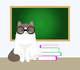 a cat with glasses sits in a classroom near the books. the cat acquires knowledge from books.