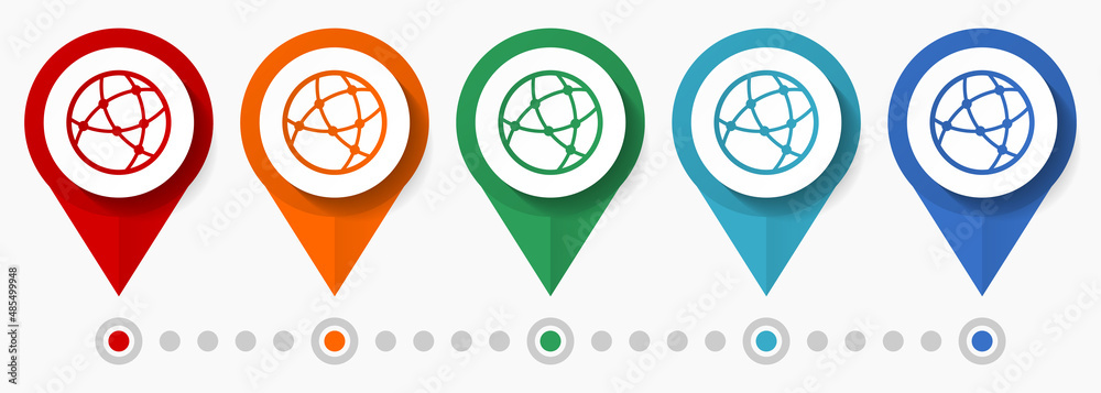 Poster web, internet concept vector icon set, flat design globe pointers, infographic template