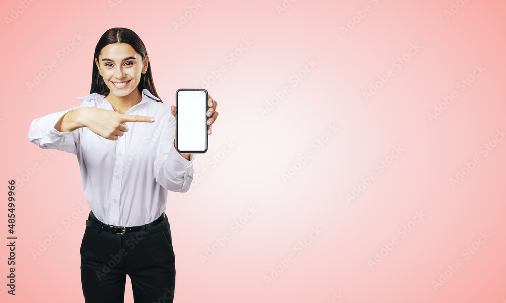 Aufkleber mobile application concept with happy girl in white shirt showing modern smartphone with mockup blan