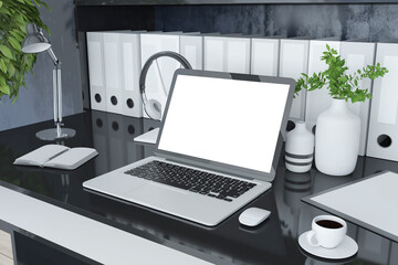 Close up of modern designer table with folders bookcase, empty laptop screen, coffee cup, decorative plant and other items. Mock up, 3D Rendering.