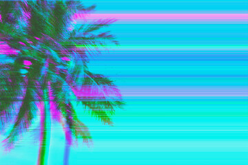 Fototapeta na wymiar Bright mint and pink holographic neon colored abstract palm leaves on blue background with interlaced digital Motion glitch effect. 90s night club jungle beach summer party retro style flyer template