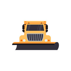 Snowplow truck with blade for highway cleaning after snowstorm, flat vector illustration isolated on white background.