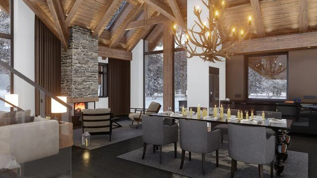 4K video rendering of cozy living room on sunny winter day in the mountains, luxury interior of chalet decorated with candles, fireplace fills the room with warmth. It's snowing outside the window