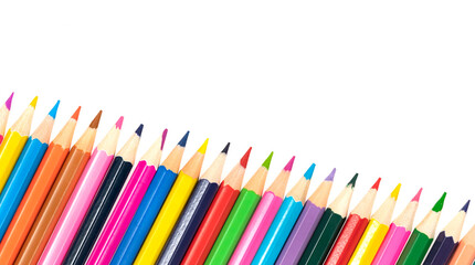 Wooden colored pencils isolated on a white background. A line of multicolored pencils in a large plan