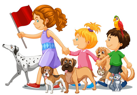 Children walking with many dogs