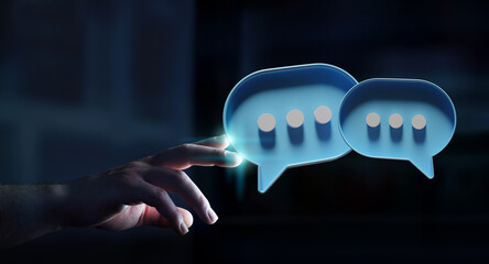 Man touching with his fingers digital speech bubbles talk icons. Minimal conversation or social...