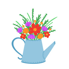 Flowers in watering can. Vector Illustration for printing, backgrounds, covers, packaging, greeting cards, posters, stickers, textile and seasonal design. Isolated on white background.