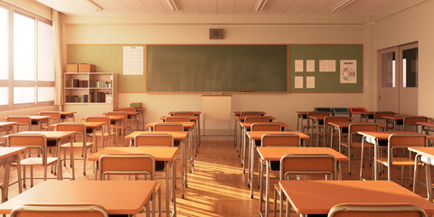 夕日が差し込む放課後の無人の教室 / スクールライフ・学園ロケーション・青春とノスタルジーのコンセプトイメージ / 3Dレンダリンググラフィックス