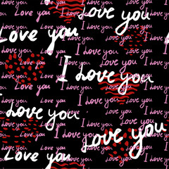 Seamless pattern, text I love you, hand written words, pink hearts. Sketch, doodle, lettering, happy valentines day. Vector illustration black background