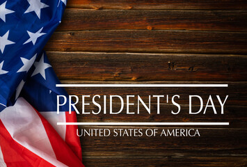 Fototapeta na wymiar President's Day poster, black background with USA flag close up of wall made of wooden planks