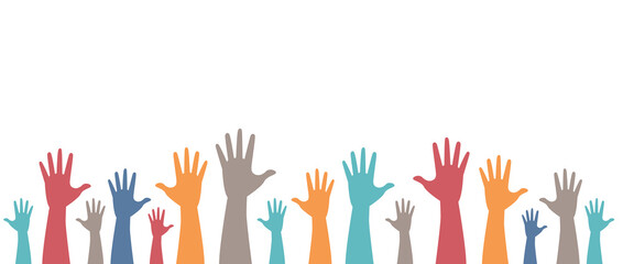 Colorful equality people colorful hands in beautiful style on red background. Teamwork concept. Joy concept. Beautiful young girl. Diversity concept. Positive person. Business concept.