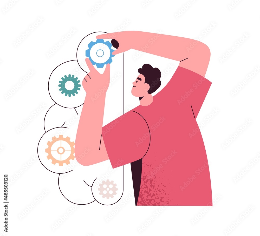 Poster Person fixing gears, changing settings of complex business system. Analysis, logic thinking concept. Analyst with cogwheels, configuration setup. Flat vector illustration isolated on white background