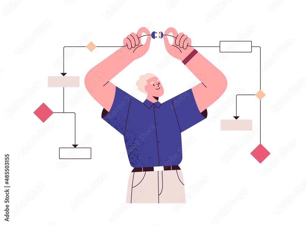 Aufkleber Logic and structure in business analysis concept. Analyst with structural thinking, finding connections, building flowchart scheme, system. Flat vector illustration isolated on white background