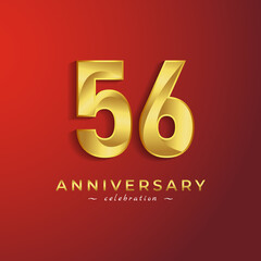 56 Year Anniversary Celebration with Golden Shiny Color for Celebration Event, Wedding, Greeting card, and Invitation Card Isolated on Red Background