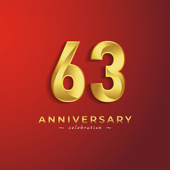 63 Year Anniversary Celebration with Golden Shiny Color for Celebration Event, Wedding, Greeting card, and Invitation Card Isolated on Red Background