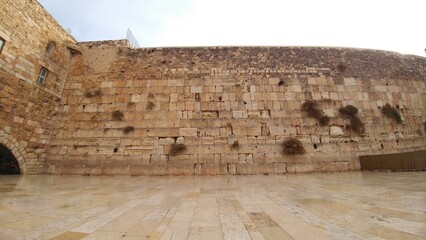 A rare view with no people of the Western Wall in the Old City of Jerusalem. 