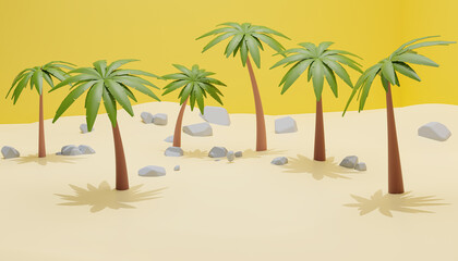 Fototapeta na wymiar 3d illustration of the island along with sand, rocks and coconut trees in the summer, suitable for your background in the summer.