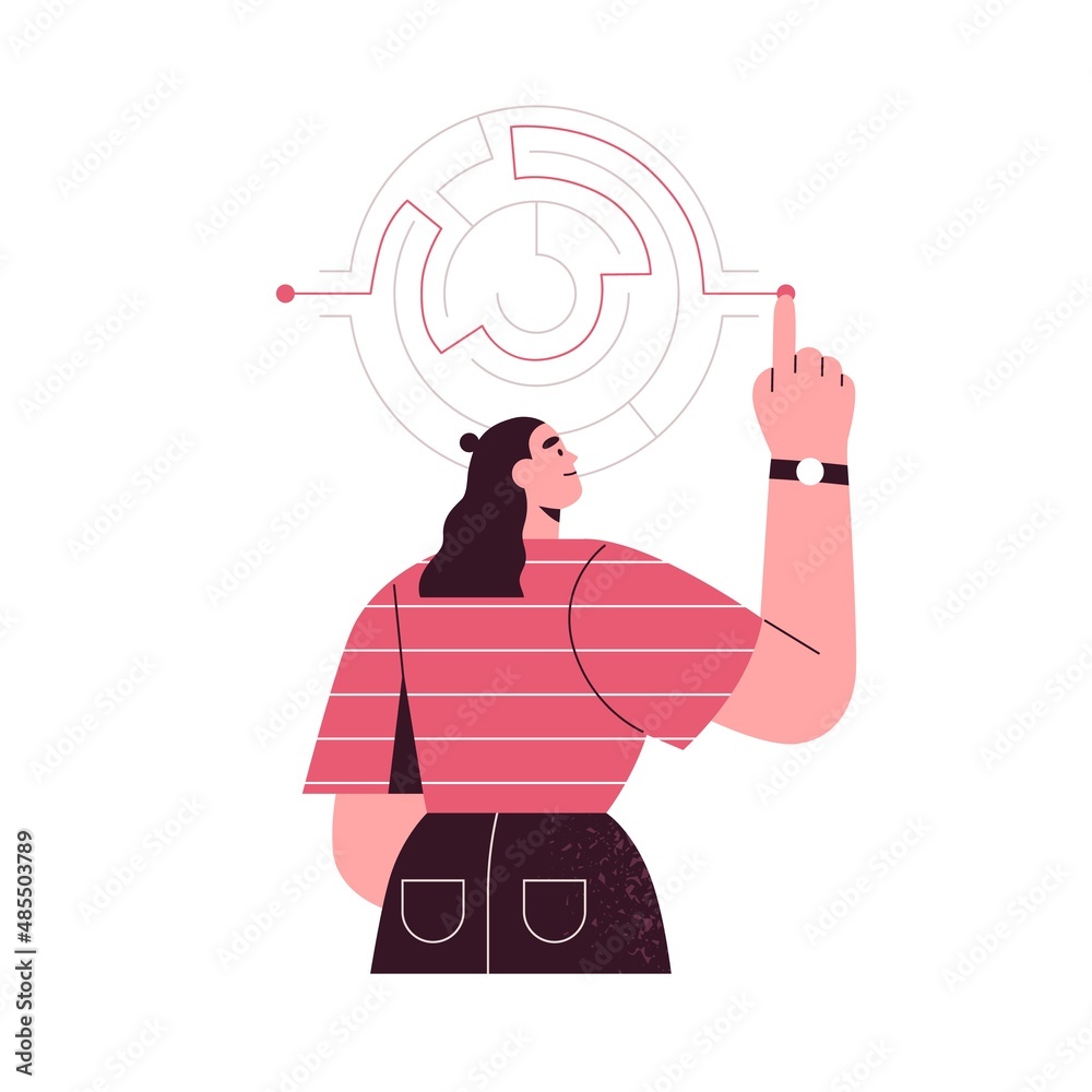 Aufkleber Finding solutions, exit from crisis concept. Business person solving problem with logic rational decision, idea. Complex way to success. Flat graphic vector illustration isolated on white background