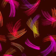 Lines pencil drawing textured red, pink, yellow isolated on black background seamless pattern.
