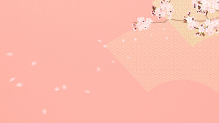Oriental background material using folding fan and cherry blossoms