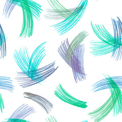 Lines pencil drawing textured turquoise, green, grey isolated on white background seamless pattern.