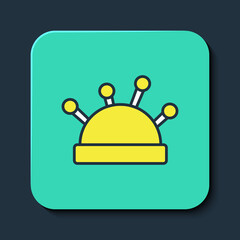 Filled outline Needle bed and needles icon isolated on blue background. Handmade and sewing theme. Turquoise square button. Vector