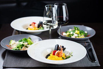 Risotto with seafood rice, shrimp and mussels